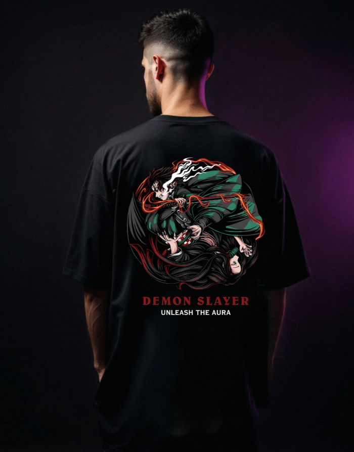 Tanjiro vs Nezuko Aura Clash Oversized Unisex Tee - Image 1